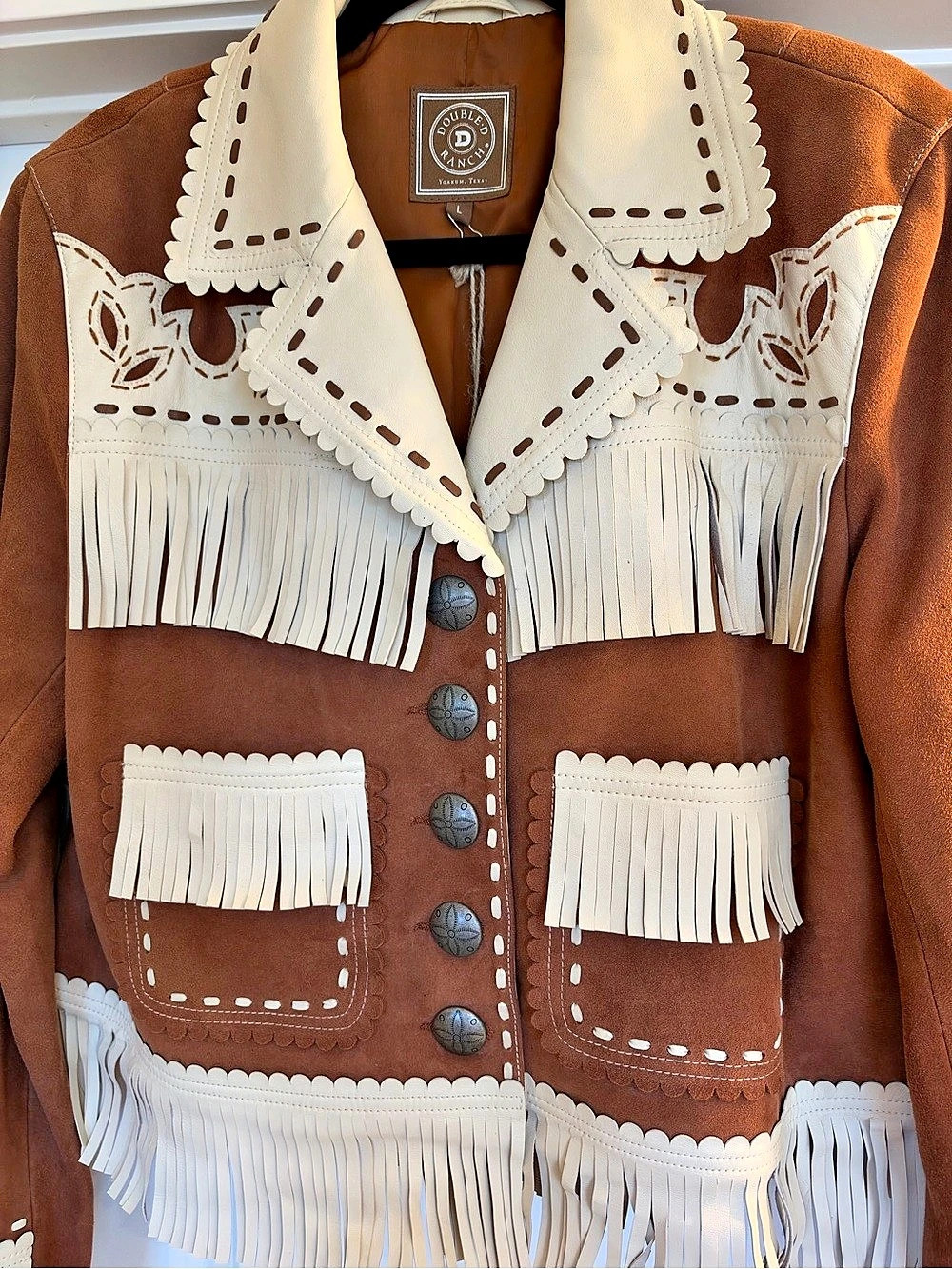 Double D Ranch Night Herding Jacket Western Fringe Brown & White Large - Picture 2 of 4